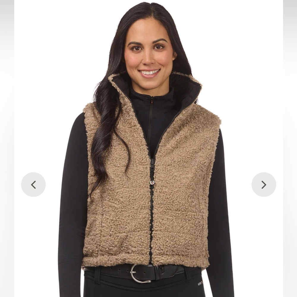 NWT KERRITS Double Up Reversible Crop Vest BLACK AND TAN Sherpa fleece size L